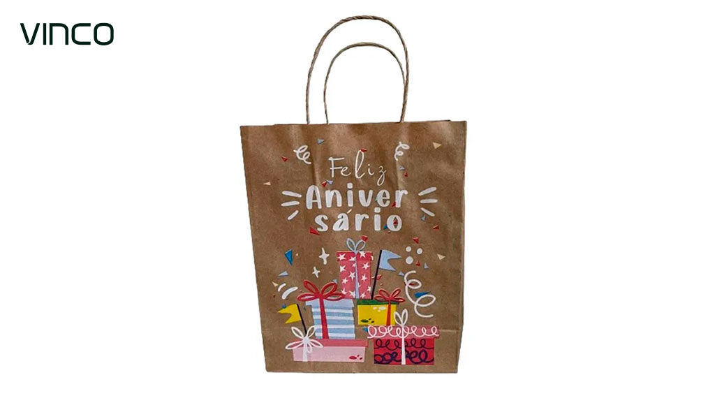 SACOLA KRAFT VINCO 31X26X13MM TAMANHO M COM IMPRESSAO ”FELIZ ANIVERSÁRIO” COM 10 UNIDADES