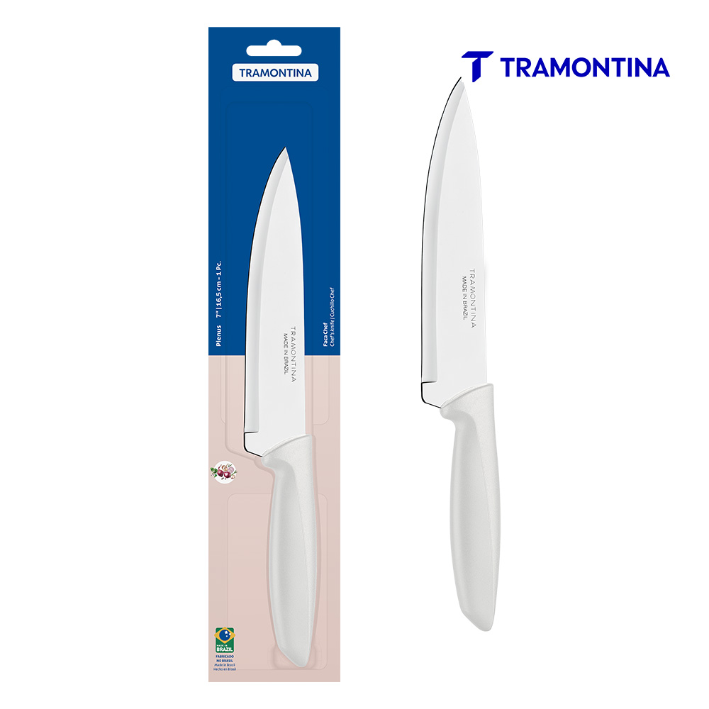 FACA CHEF TRAMONTINA PLENUS COM LÂMINA EM AÇO INOX E CABO DE POLIPROPILENO OFF WHITE 7” ENCARTELADO