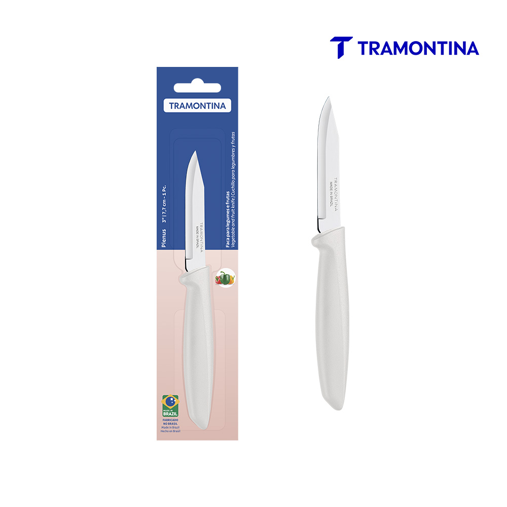 FACA PARA LEGUMES E FRUTAS TRAMONTINA PLENUS COM LÂMINA EM AÇO INOX E CABO DE POLIPROPILENO OFF WHITE 3” ENCARTELADO
