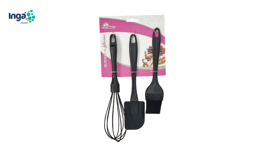 KIT P/BOLO INGA DE SILICONE BATEDOR/PINCEL/ESPATULA PRETO C/3 PECAS