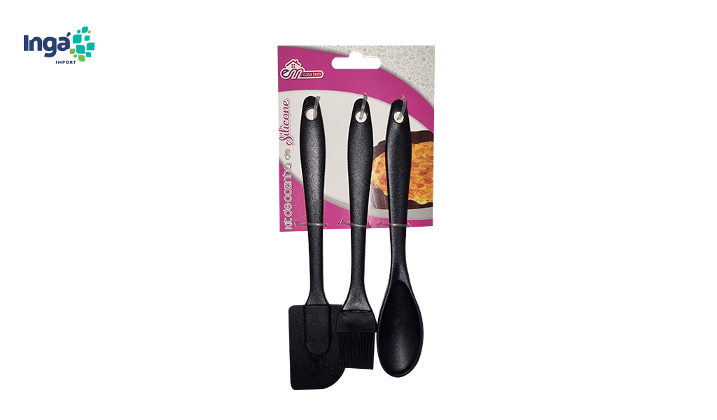 KIT COZINHA INGA DE SILICONE COLHER/PINCEL/ESPATULA PRETO C/3 PECAS.