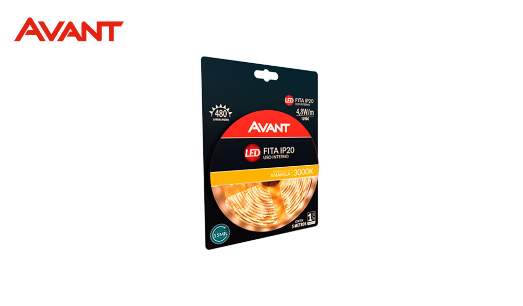 FITA AVANT LED USO INTERNO - 3000K (LUZ AMARELA) - 12V 4,8W POR METRO - ROLO C/5M