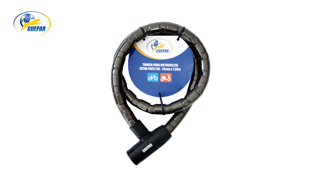 TRAVA GUEPAR P/MOTOCICLETA REFORÇADA C/CHAVE 22MMX1,20MT