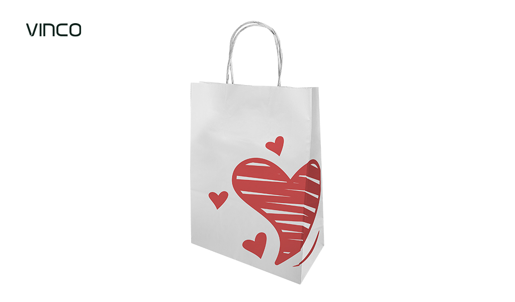 SACOLA KRAFT VINCO 26X21X9MM PREMIUM TAMANHO P COM IMPRESSAO ”AMOR” - NA COR BRANCA - COM 10 UNIDADES