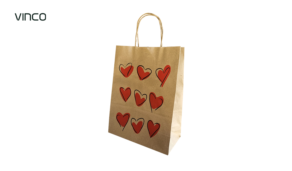 SACOLA KRAFT VINCO 31X26X13MM TAMANHO M COM IMPRESSAO ”CORAÇÕES” COM 10 UNIDADES