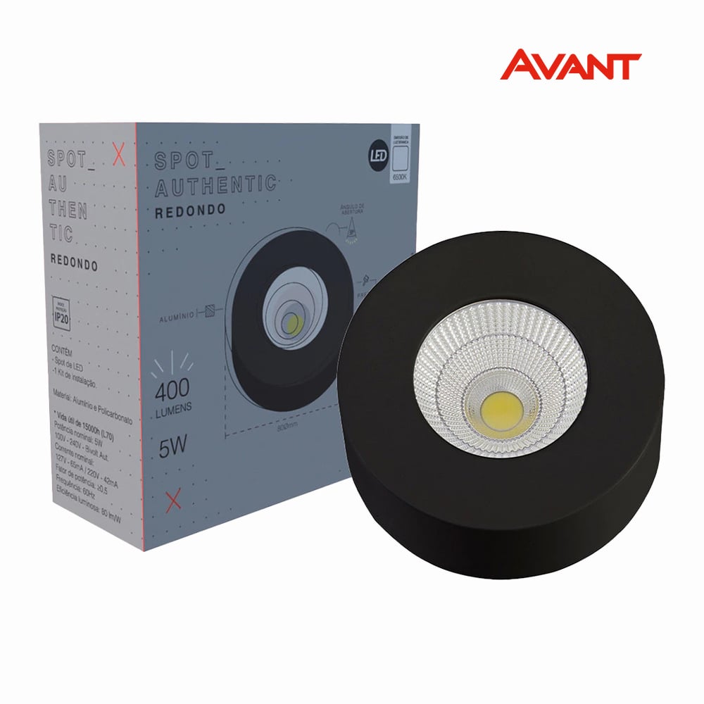 SPOT AVANT LED AUTHENTIC 5W SOBREPOR REDONDO 3000K - ESTRUTURA PRETO FOSCO