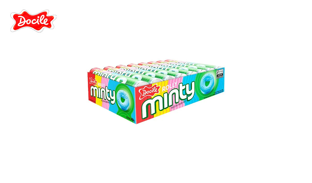 PASTILHA DOCILE ROLLY MINTY FRUIT 29GR - DISPLAY C/12 UNIDADES