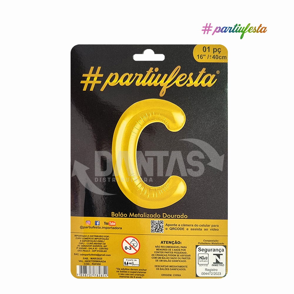BALAO PARTIUFESTA METALIZADO 16” 40CM LETRA C DOURADO
