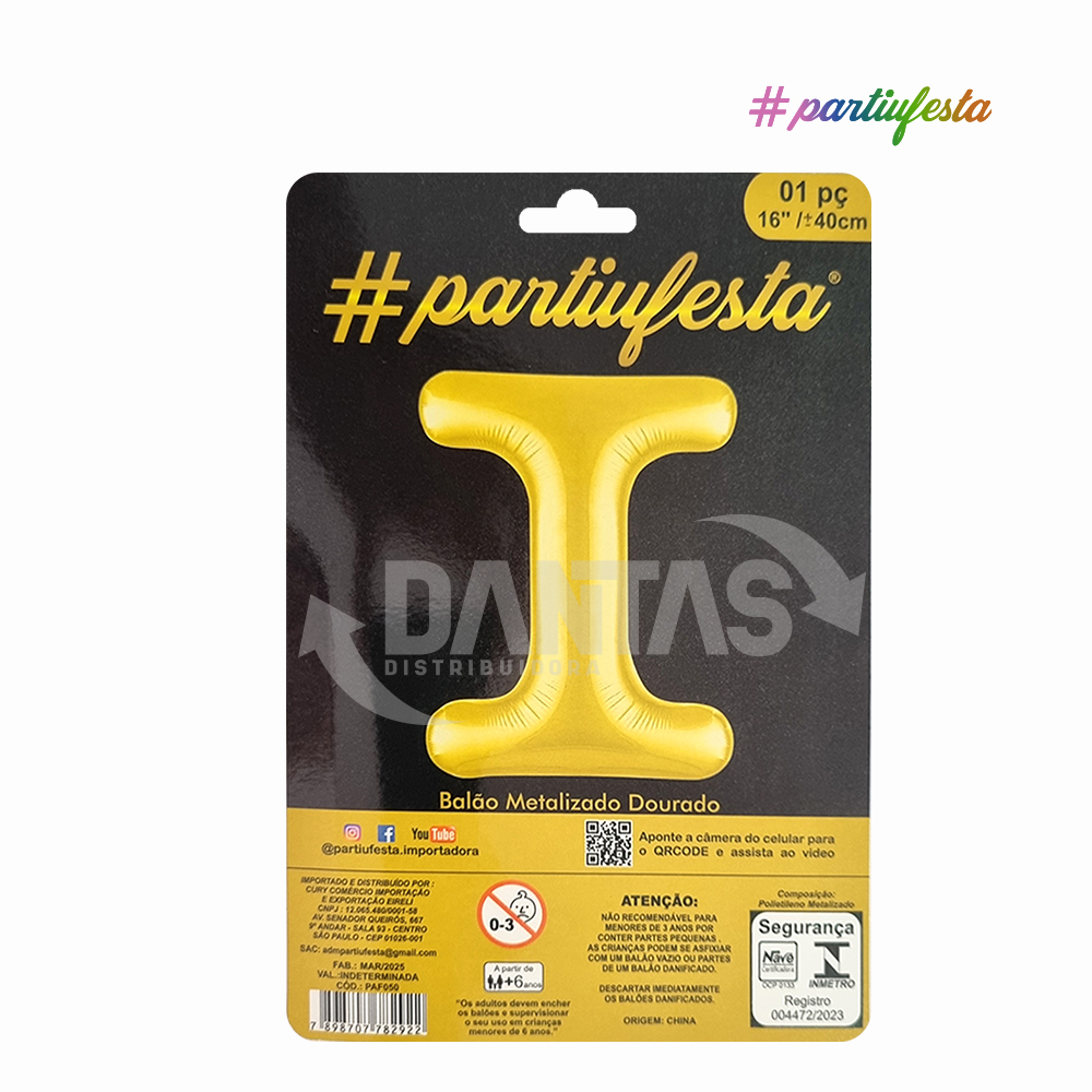 BALAO PARTIUFESTA METALIZADO 16” 40CM LETRA I DOURADO