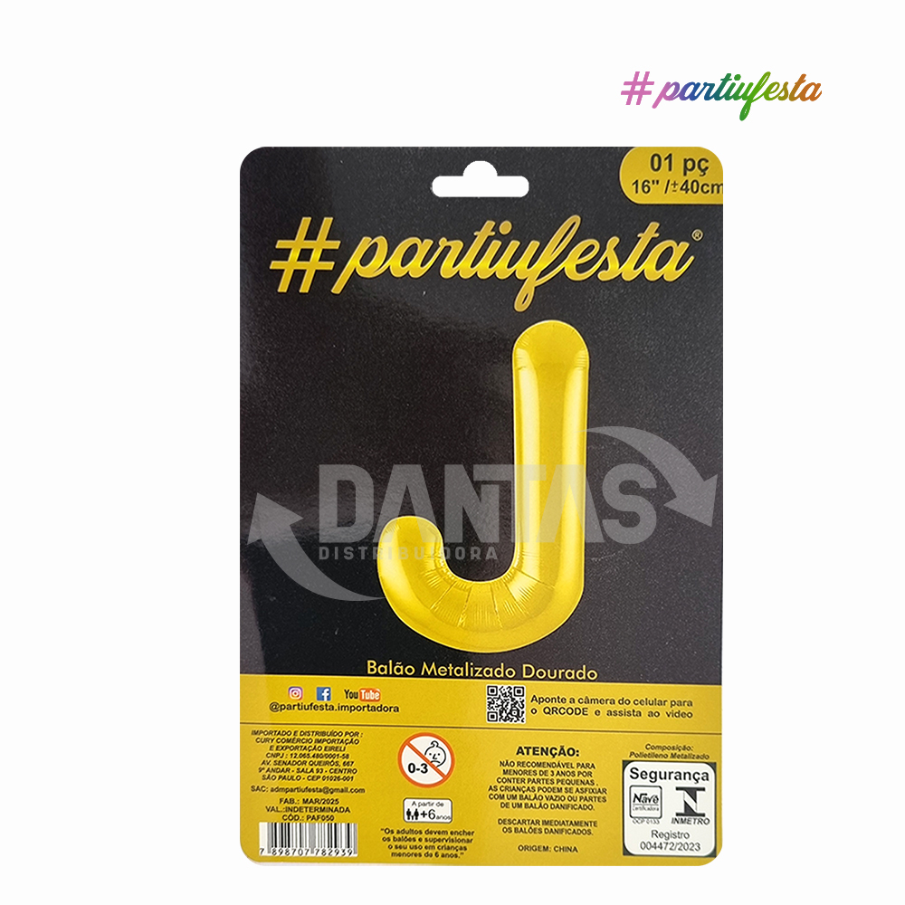 BALAO PARTIUFESTA METALIZADO 16” 40CM LETRA J DOURADO