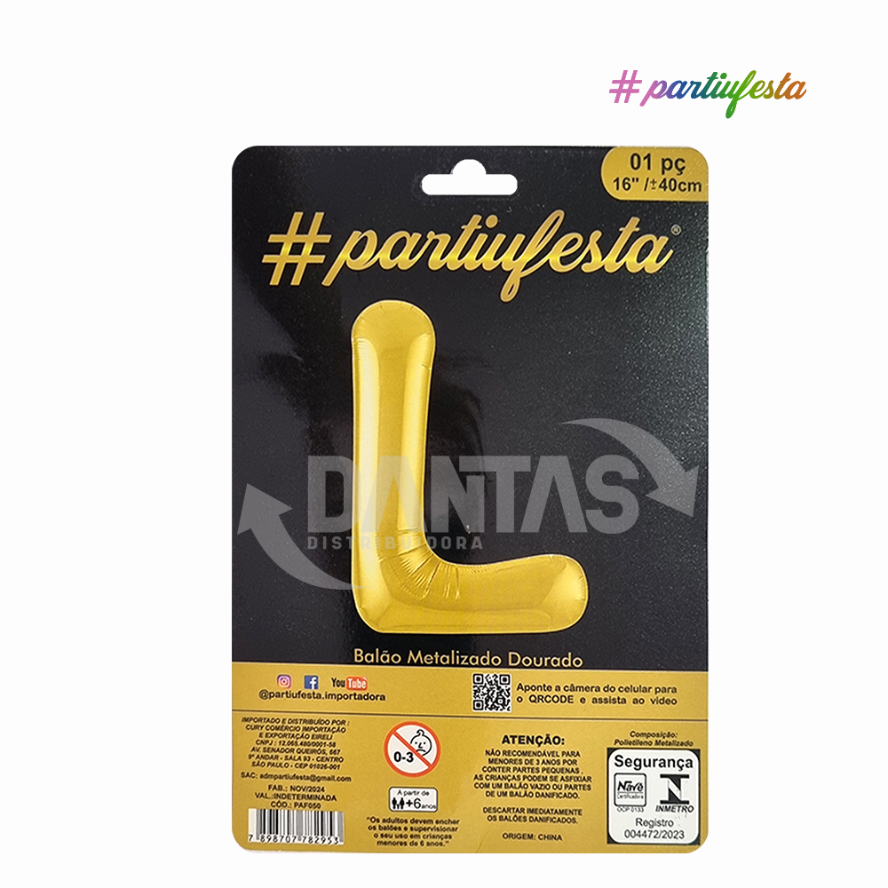 BALAO PARTIUFESTA METALIZADO 16” 40CM LETRA L DOURADO