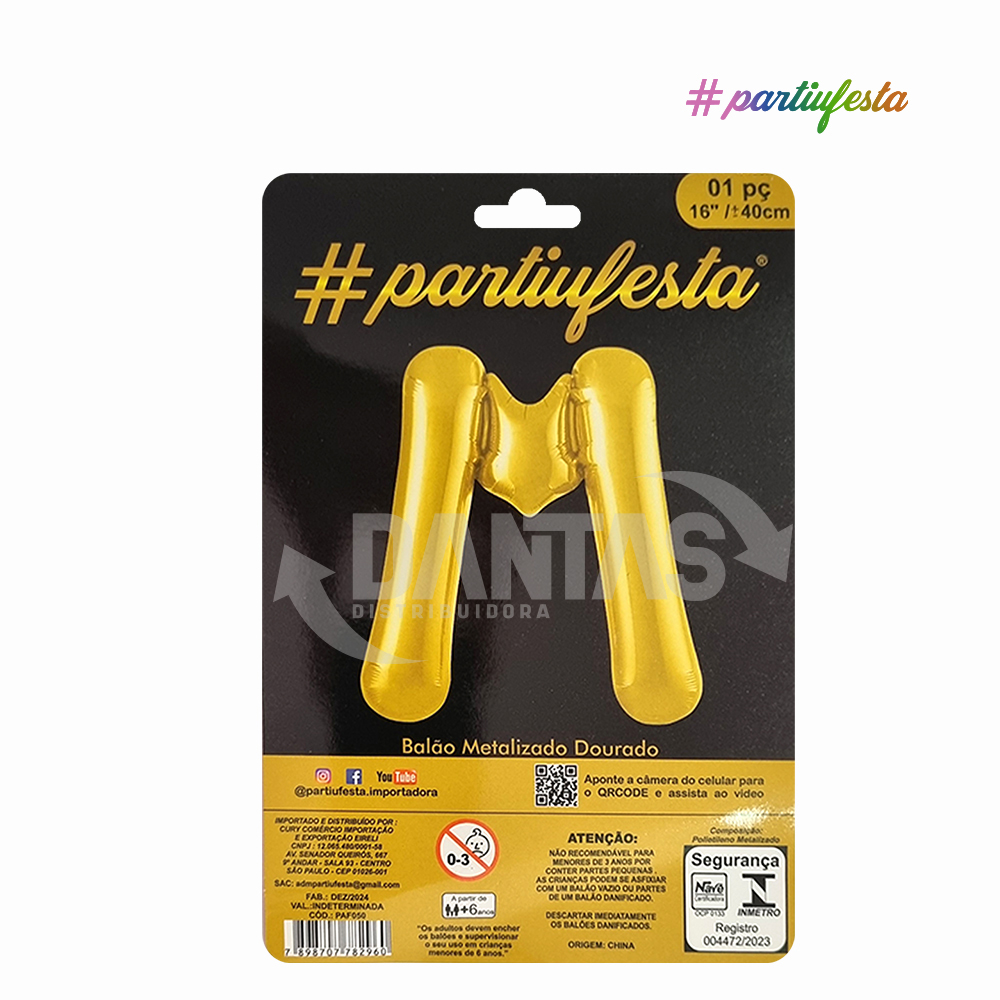 BALAO PARTIUFESTA METALIZADO 16” 40CM LETRA M DOURADO