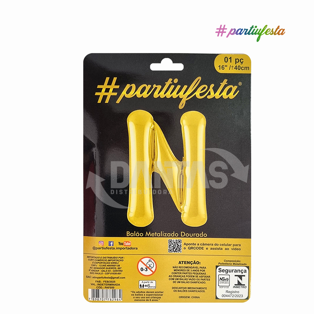 BALAO PARTIUFESTA METALIZADO 16” 40CM LETRA N DOURADO