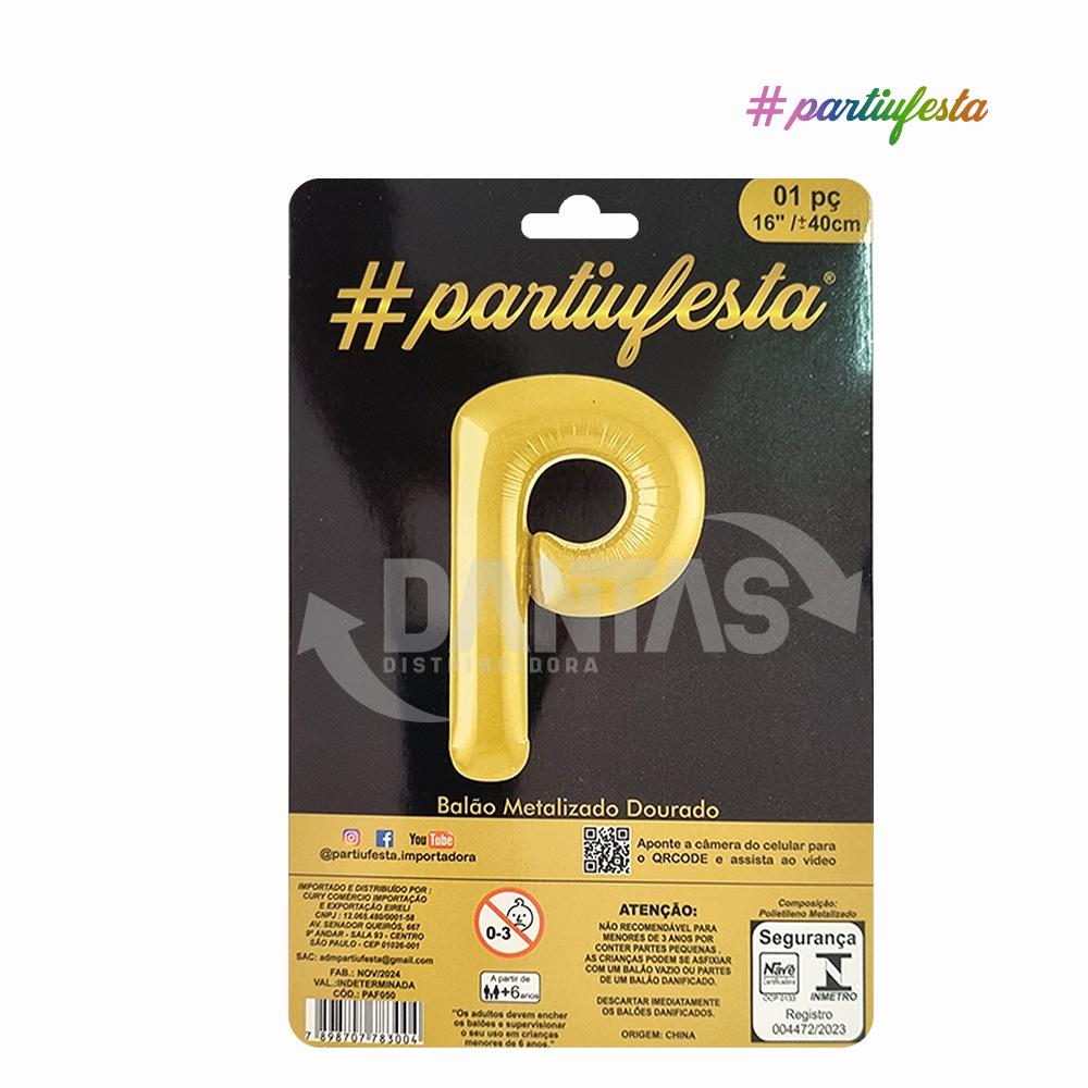 BALAO PARTIUFESTA METALIZADO 16” 40CM LETRA P DOURADO