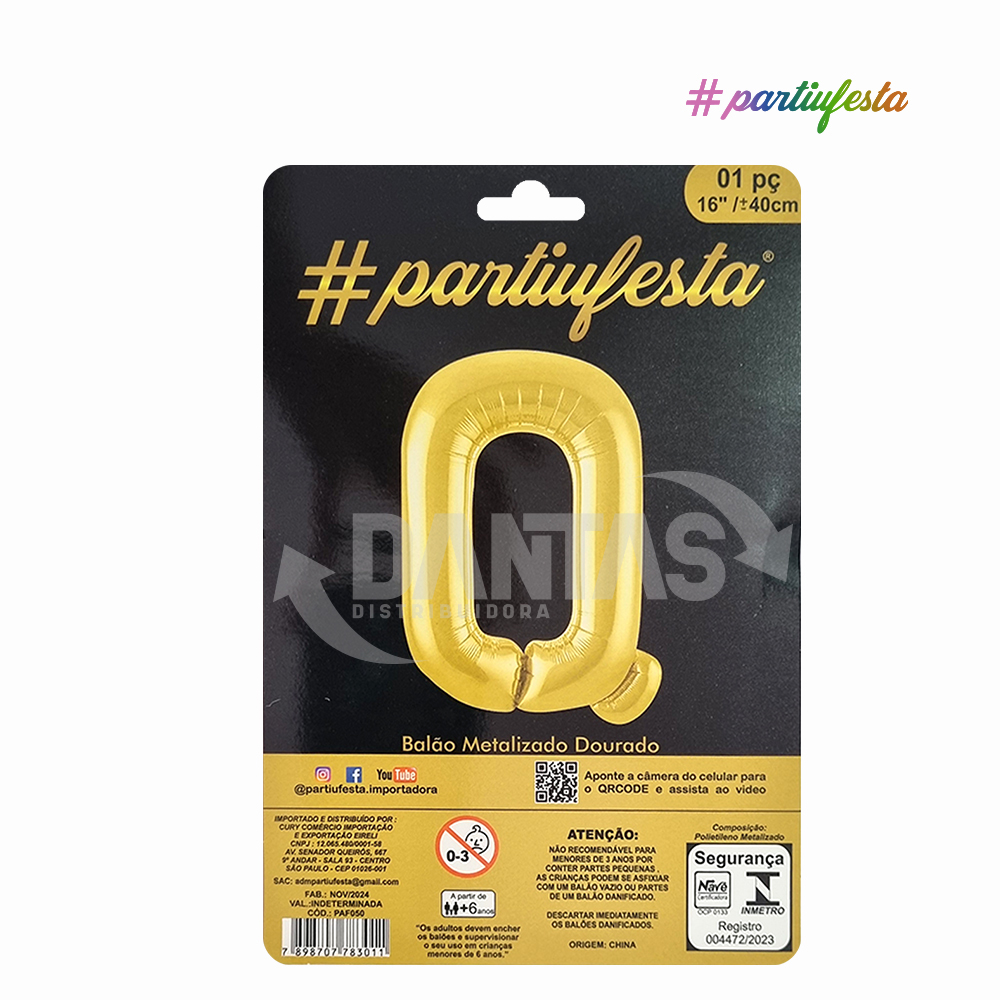 BALAO PARTIUFESTA METALIZADO 16” 40CM LETRA Q DOURADO