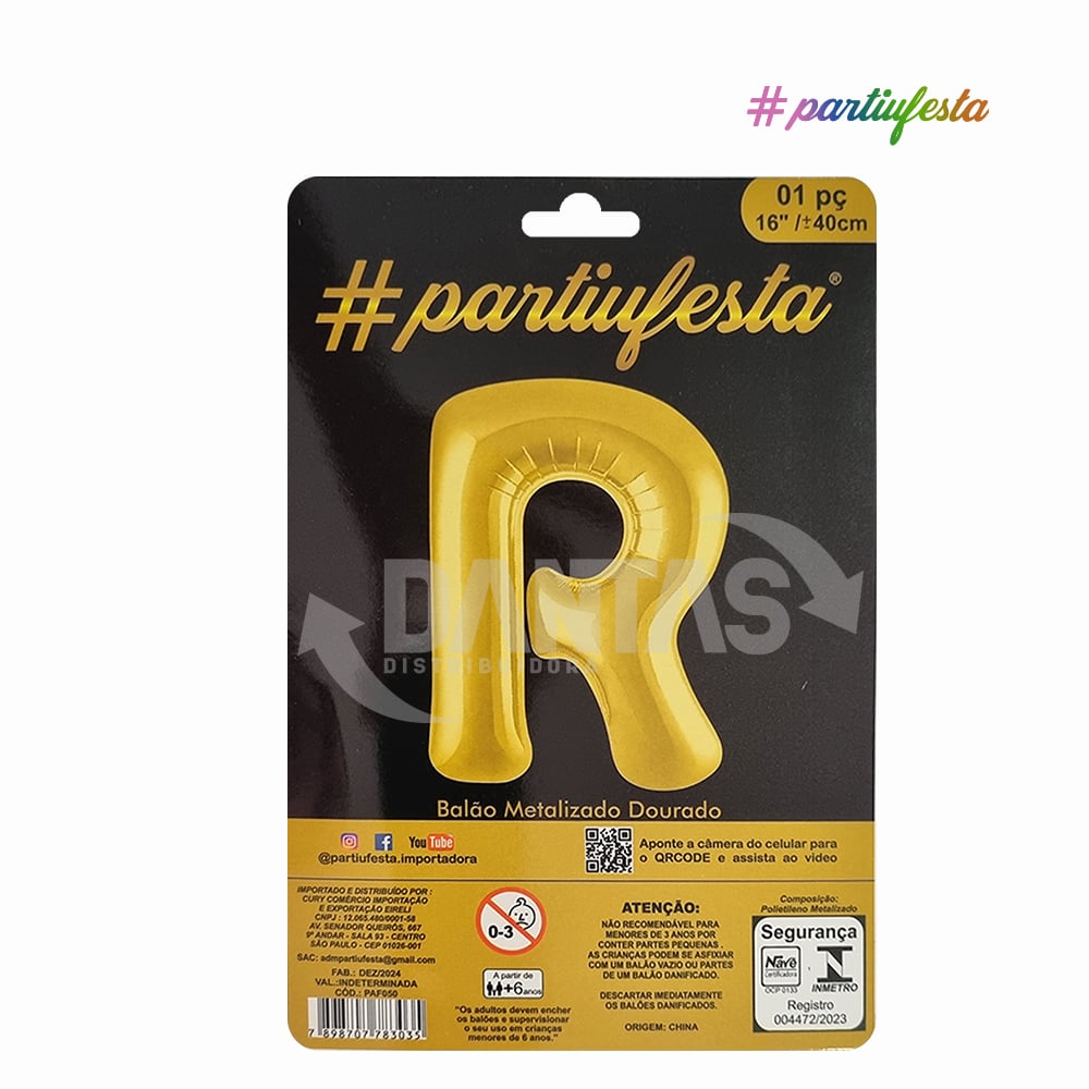 BALAO PARTIUFESTA METALIZADO 16” 40CM LETRA R DOURADO