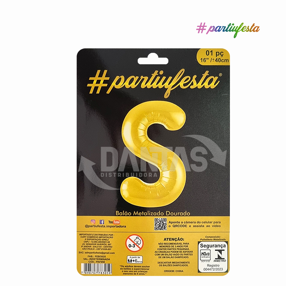 BALAO PARTIUFESTA METALIZADO 16” 40CM LETRA S DOURADO