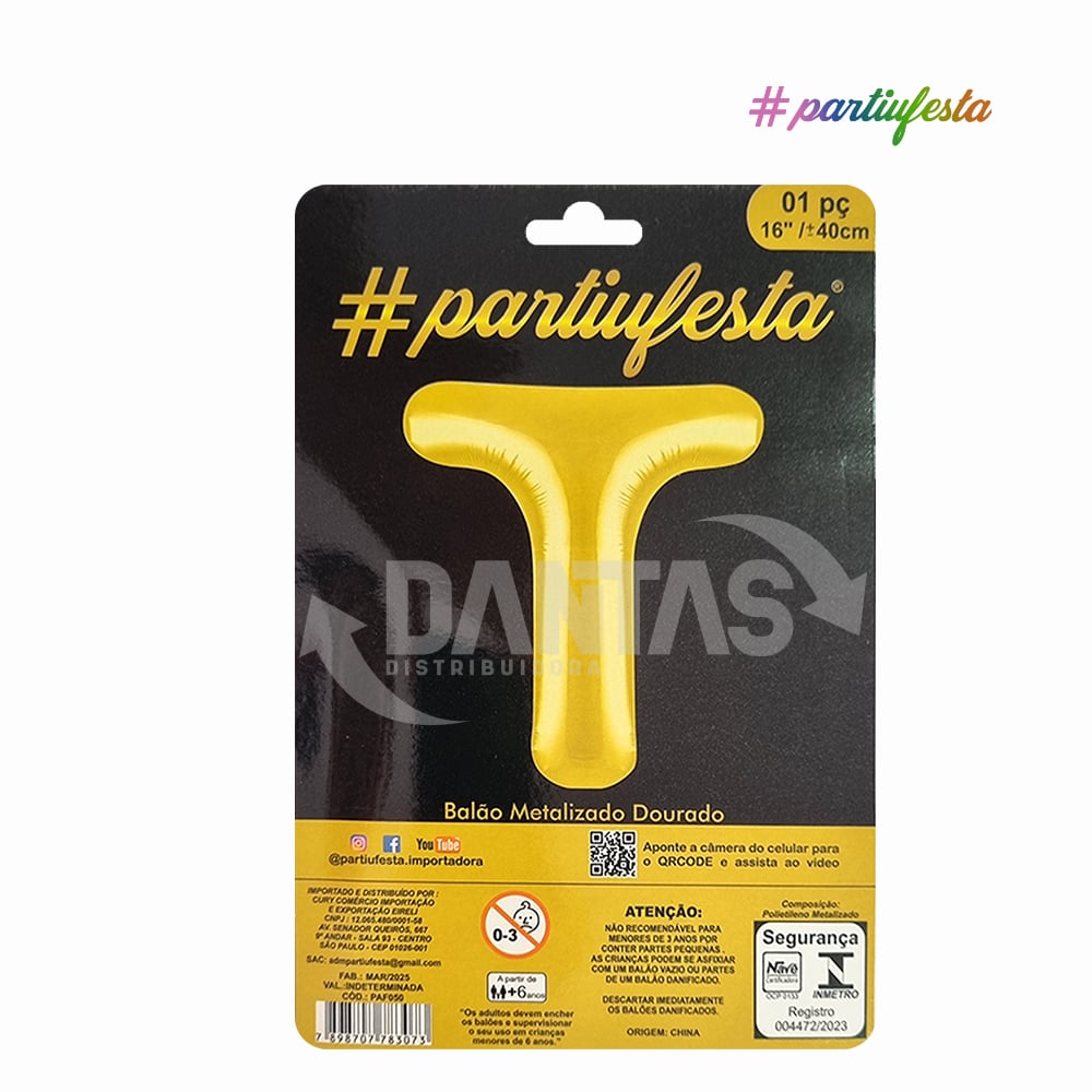 BALAO PARTIUFESTA METALIZADO 16” 40CM LETRA T DOURADO
