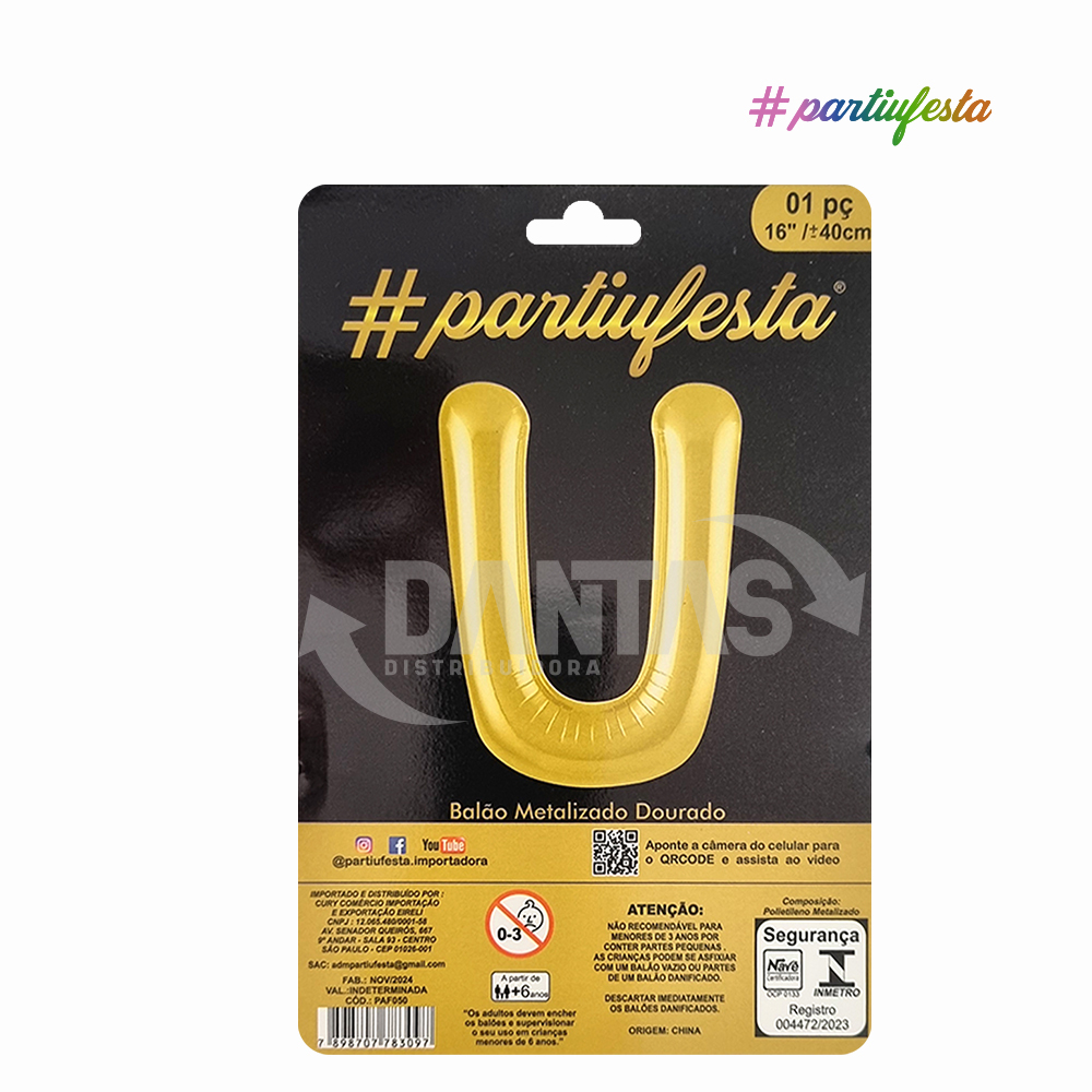 BALAO PARTIUFESTA METALIZADO 16” 40CM LETRA U DOURADO