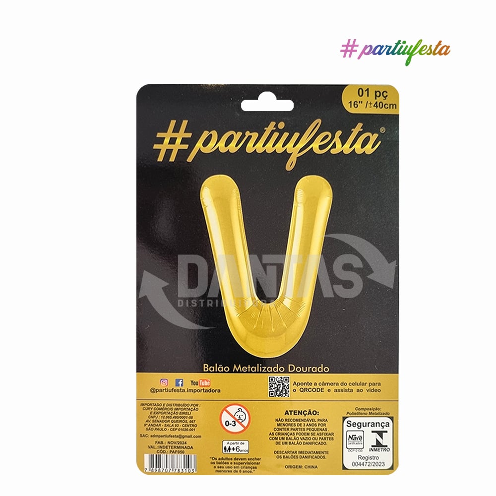 BALAO PARTIUFESTA METALIZADO 16” 40CM LETRA V DOURADO