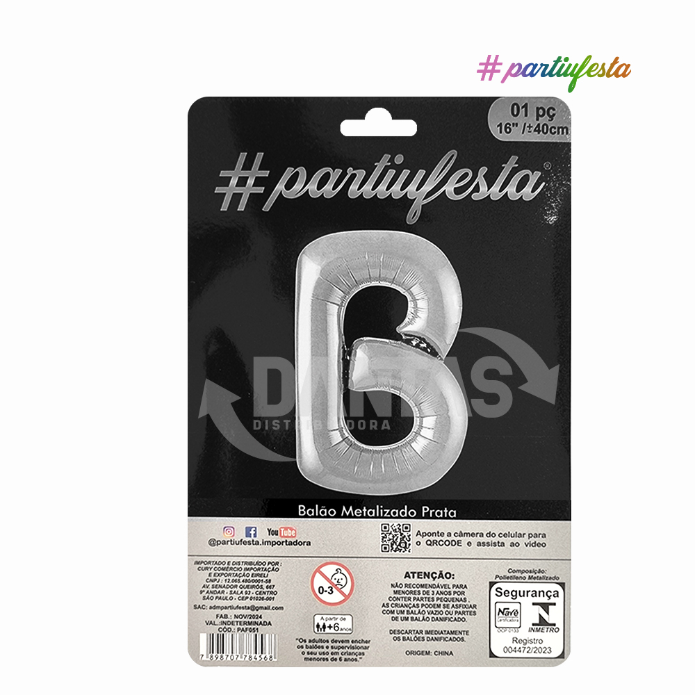 BALAO PARTIUFESTA METALIZADO 16” 40CM LETRA B PRATA