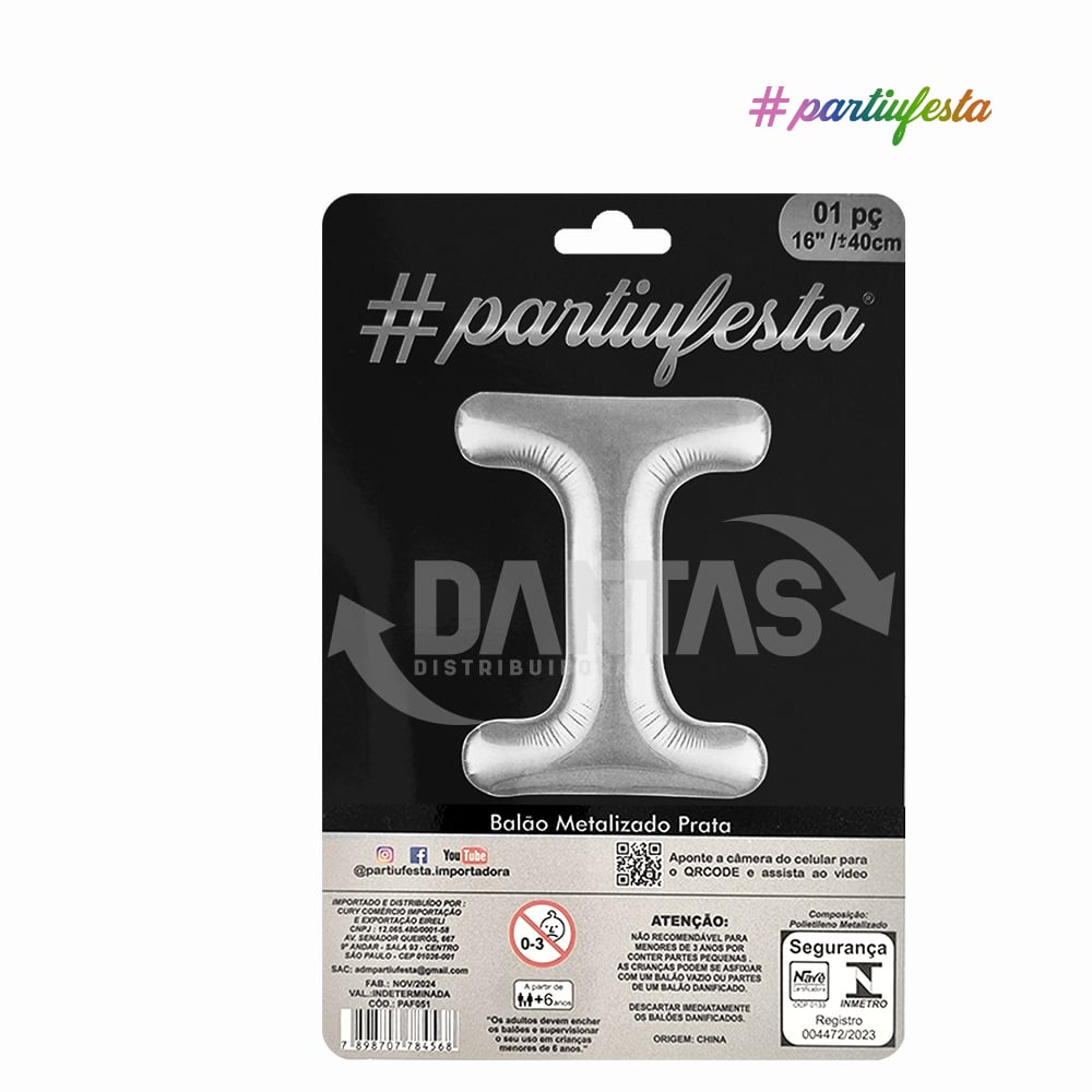 BALAO #PARTIUFESTA LETRA I 16” 40 CM METALIZADO PRATA