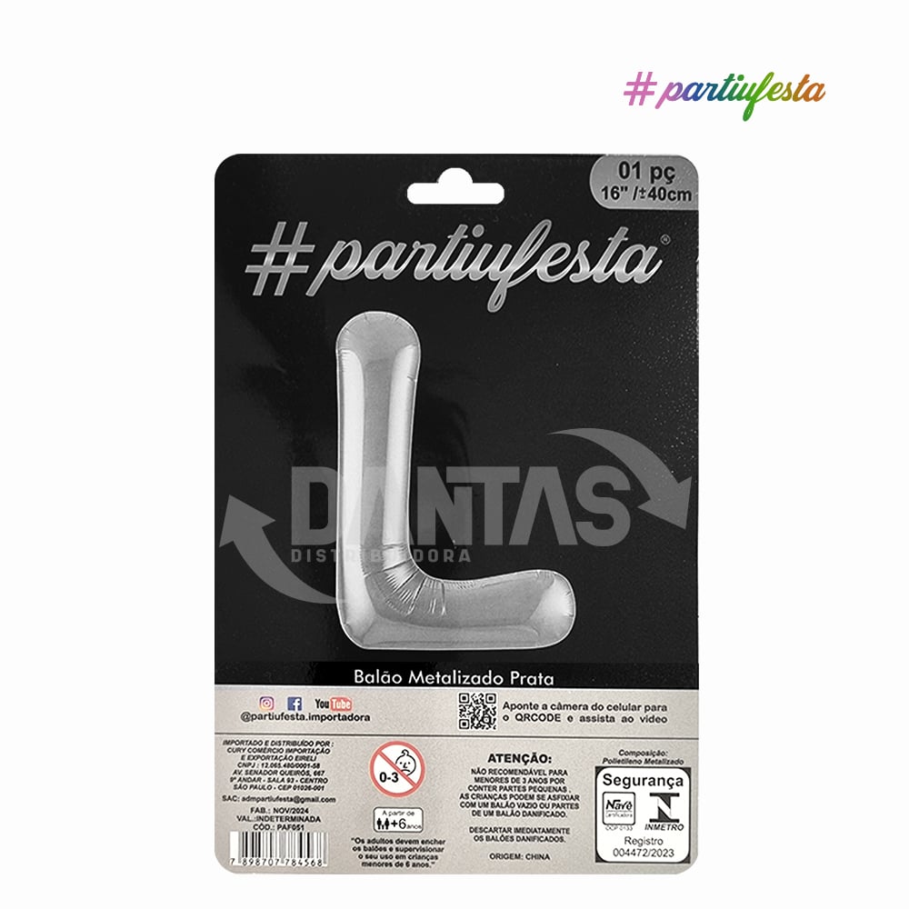 BALAO PARTIUFESTA METALIZADO 16” 40CM LETRA L PRATA