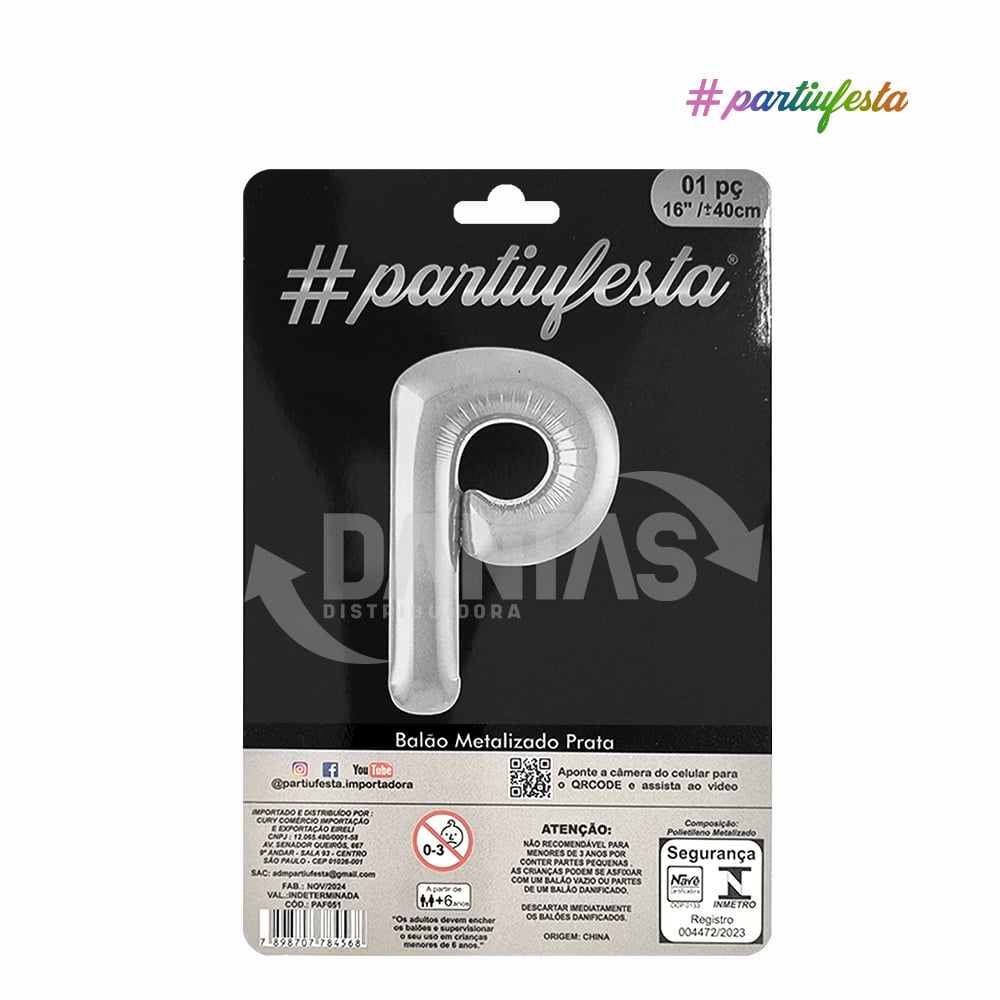 BALAO #PARTIUFESTA LETRA P 16” 40 CM METALIZADO PRATA