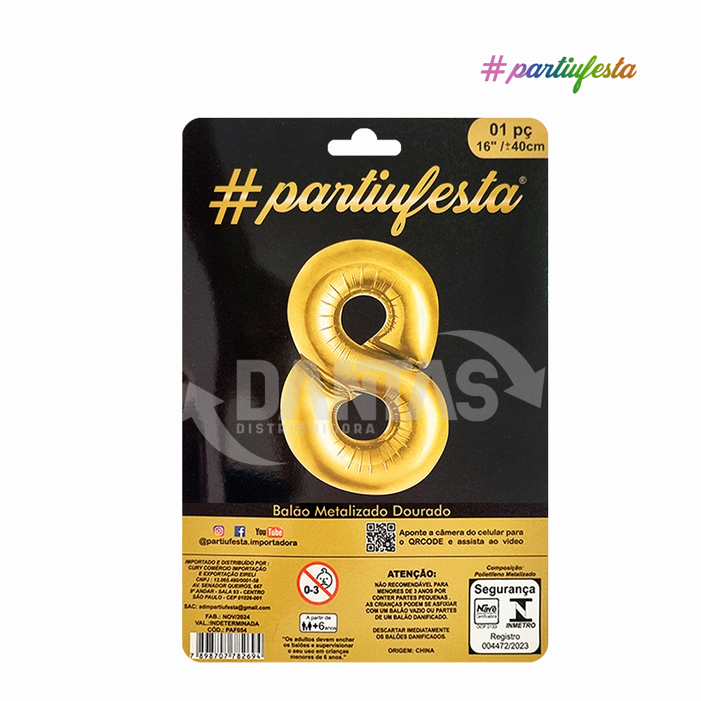 BALAO PARTIUFESTA METALIZADO 16” 40CM N° 8 DOURADO