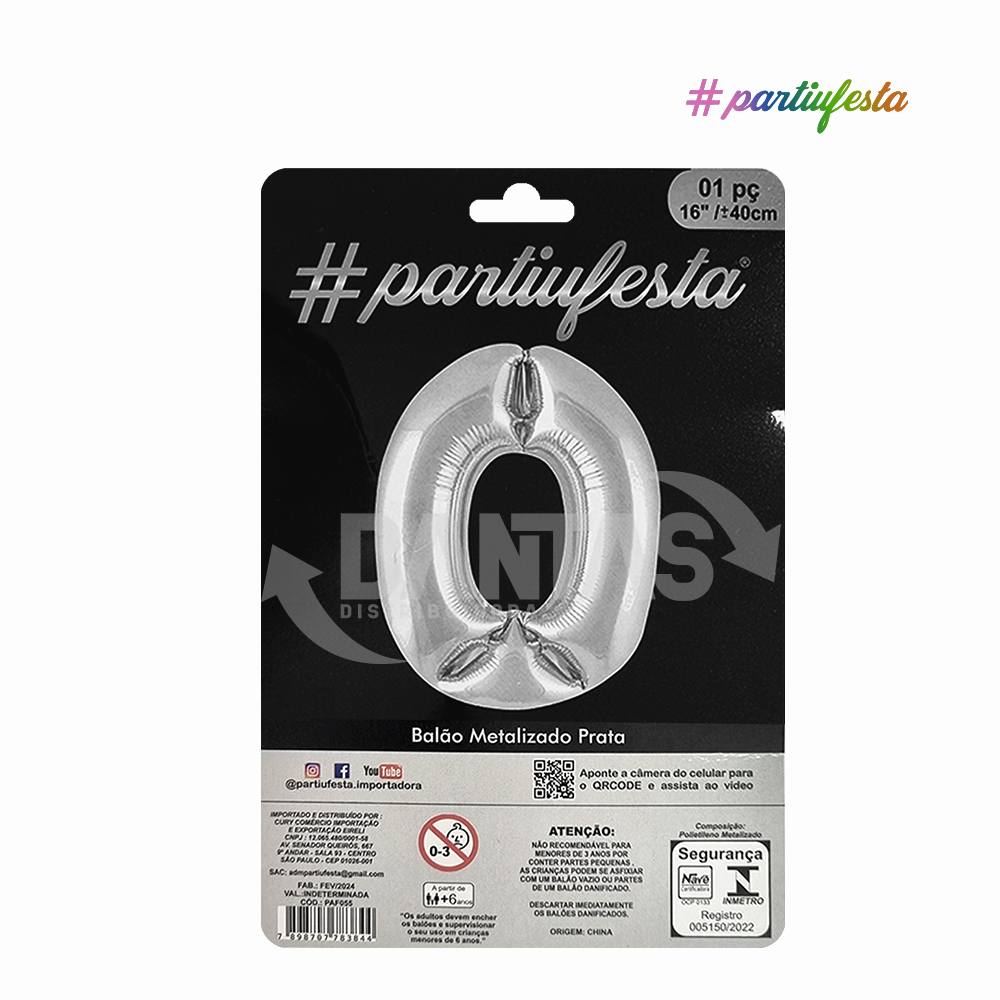 BALAO PARTIUFESTA METALIZADO 16” 40CM N° 0 PRATA
