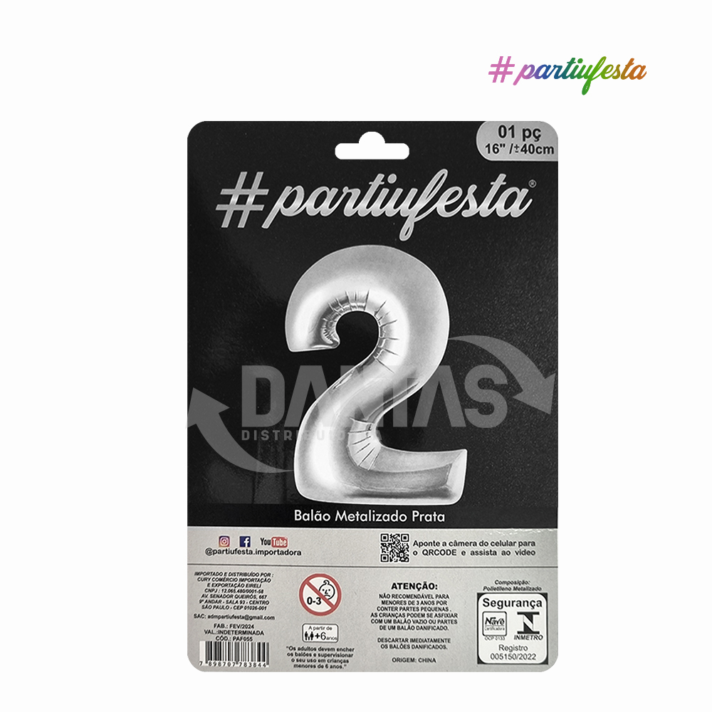 BALAO PARTIUFESTA METALIZADO 16” 40CM N° 2 PRATA