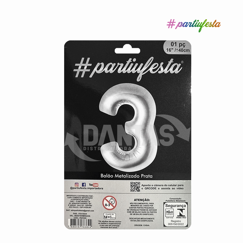 BALAO PARTIUFESTA METALIZADO 16” 40CM N° 3 PRATA