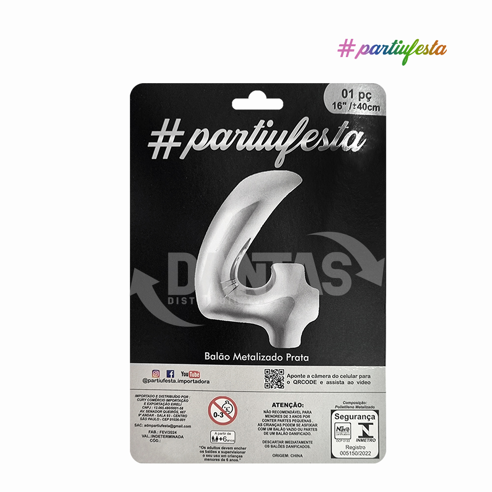 BALAO #PARTIUFESTA NUMERO 4 16” 40 CM METALIZADO PRATA