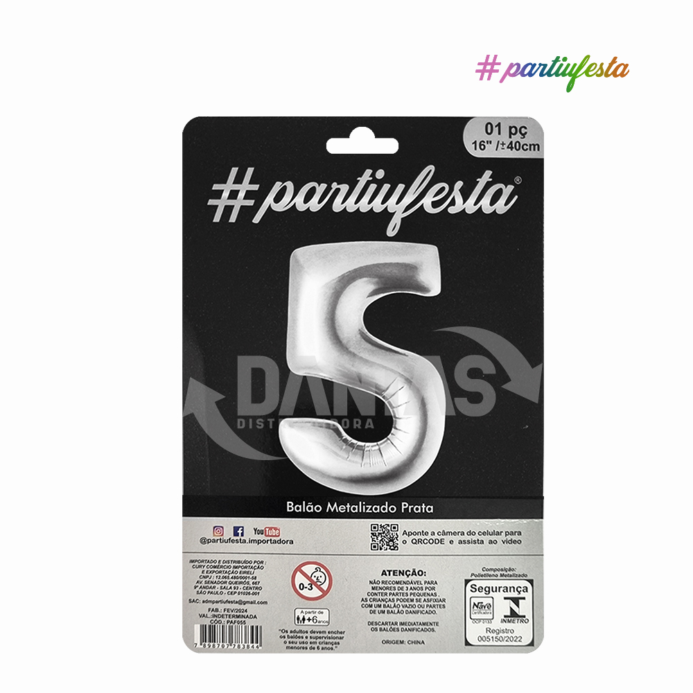 BALAO PARTIUFESTA METALIZADO 16” 40CM N° 5 PRATA