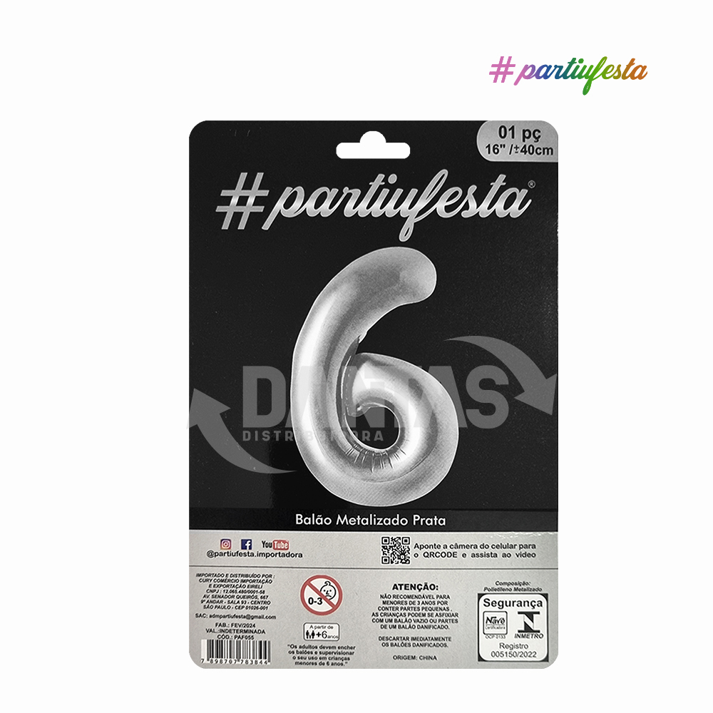 BALAO PARTIUFESTA METALIZADO 16” 40CM N° 6 PRATA