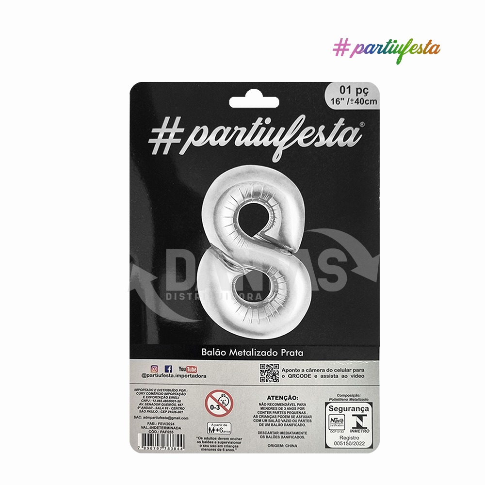 BALAO PARTIUFESTA METALIZADO 16” 40CM N° 8 PRATA