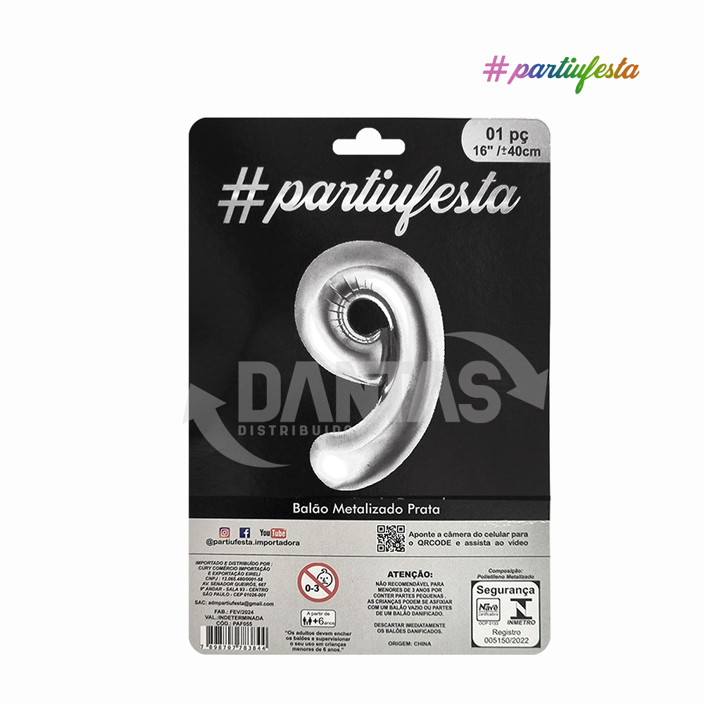 BALAO PARTIUFESTA METALIZADO 16” 40CM N° 9 PRATA