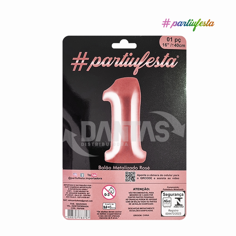 BALAO #PARTIUFESTA NUMERO 1 16” 40 CM METALIZADO ROSE
