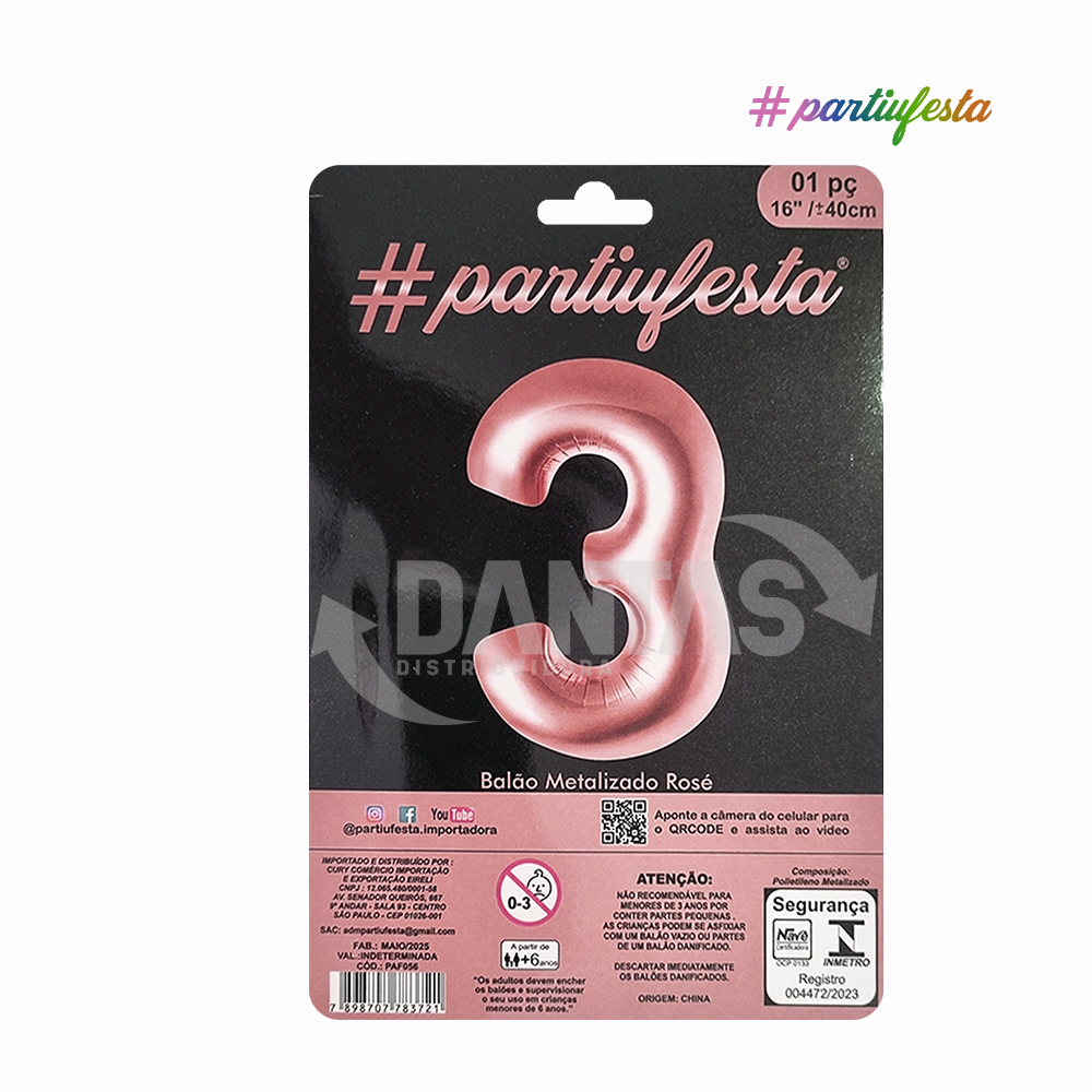 BALAO PARTIUFESTA METALIZADO 16” 40CM N° 3 ROSE