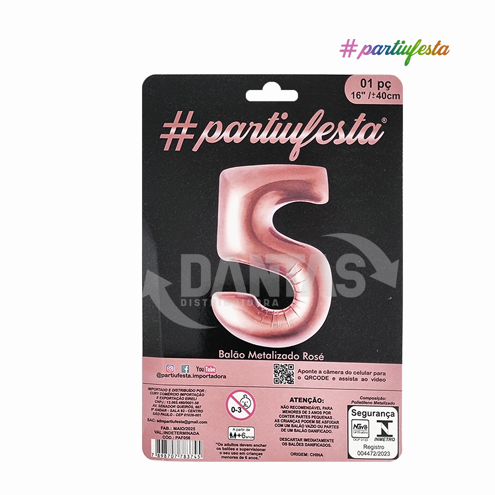 BALAO PARTIUFESTA METALIZADO 16” 40CM N° 5 ROSE