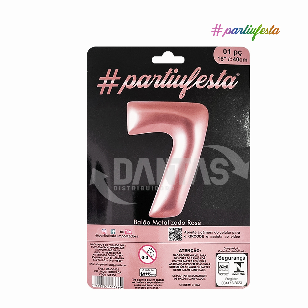 BALAO PARTIUFESTA METALIZADO 16” 40CM N° 7 ROSE