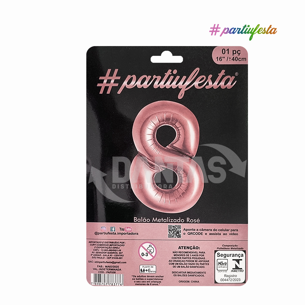 BALAO PARTIUFESTA METALIZADO 16” 40CM N° 8 ROSE