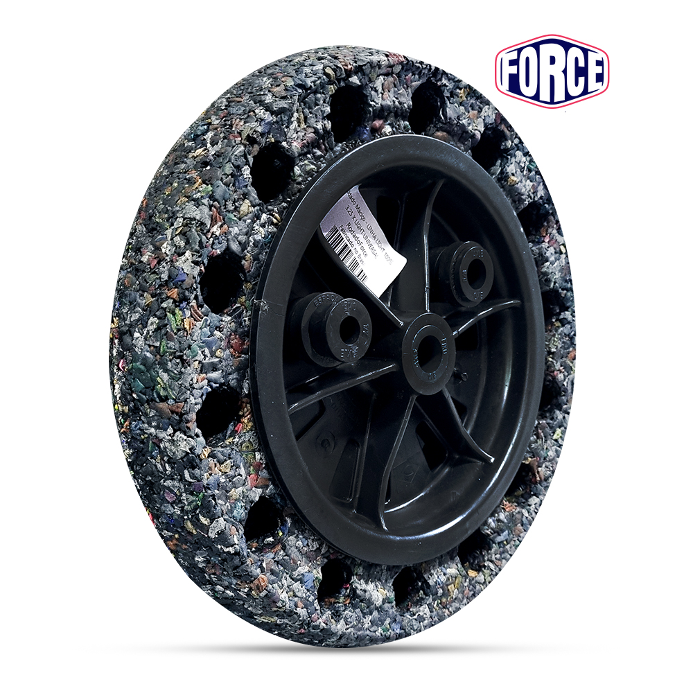 RODA FORCE C/PNEU MACICO 3.25X8X1” ARO EIXO UNIVERSAL C/BORRACHA EXPANDIDA RECICLADA