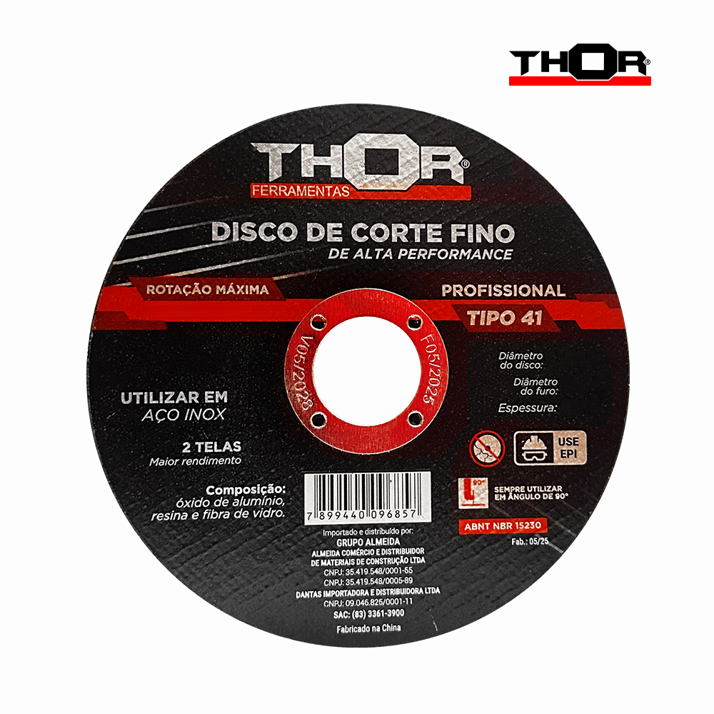 DISCO THOR CORTE FINO ACO INOX 115X1X23MM 4.1/2”