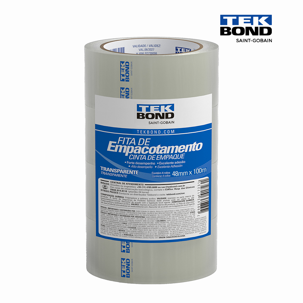 FITA TEKBOND EMPACOT TRANSP 48MMX40M - PACOTE C/04 UNIDADES