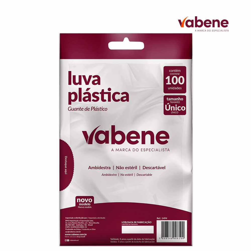 LUVA VABENE PLASTICA TAMANHO UNICO  - PACOTE COM 100 UNIDADES