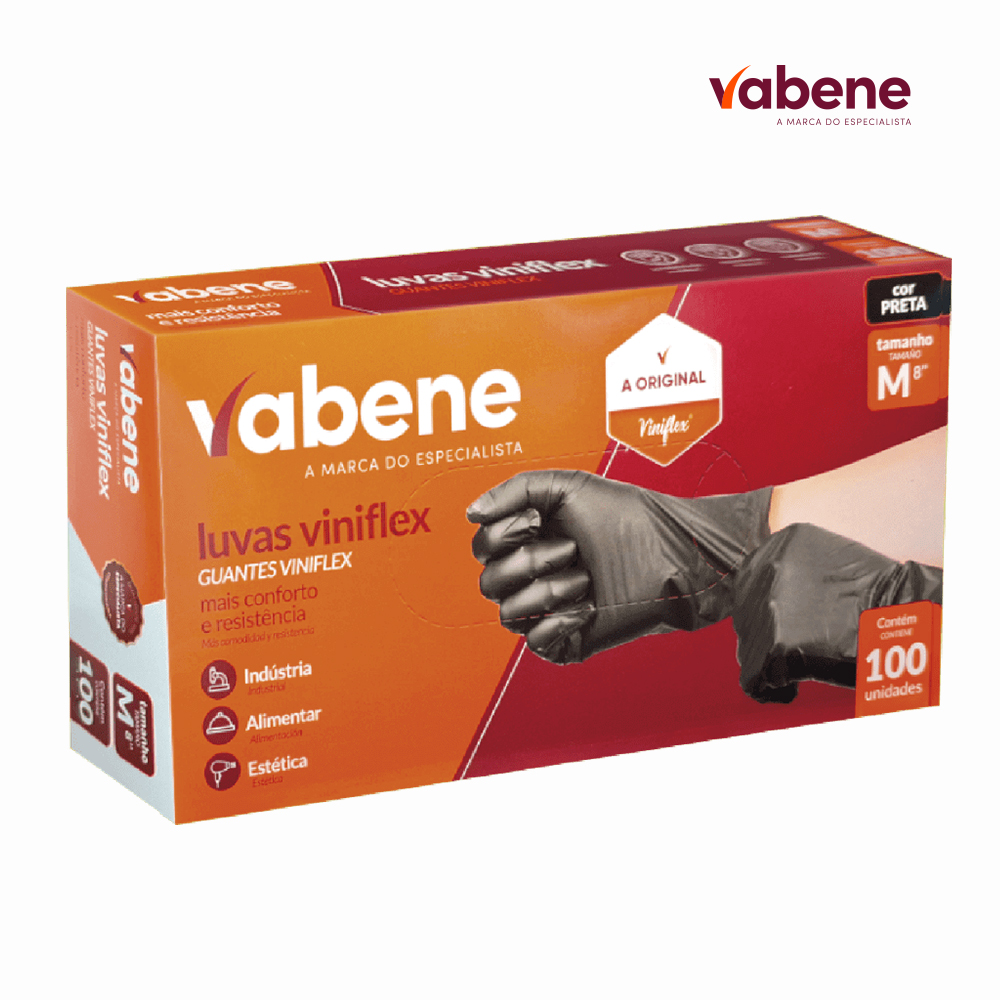 LUVA VABENE VINIFLEX SEM PO TAMANHO ”M” PRETA - CAIXINHA C/100 UNIDADES PRETA
