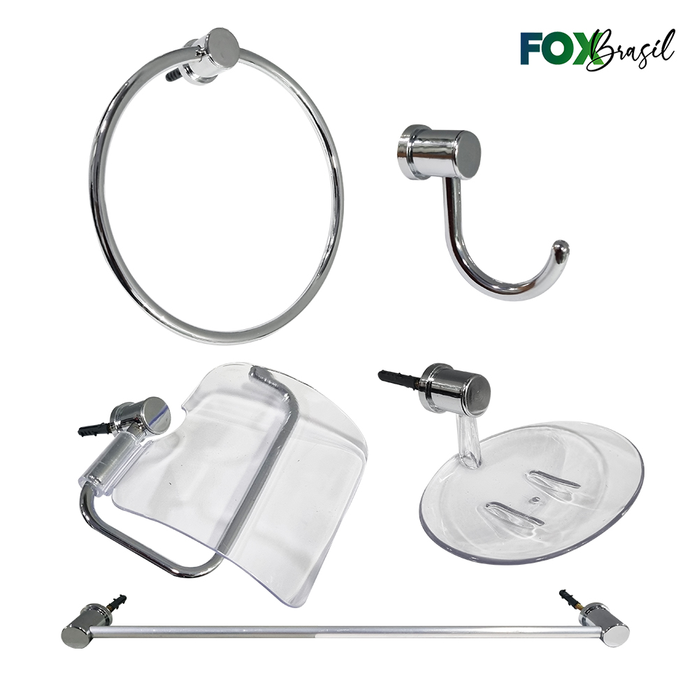KIT RIO P/BANHEIRO LINHA ECONOMICA CROMADO / ACRILICO CRISTAL - C/05 PEÇAS