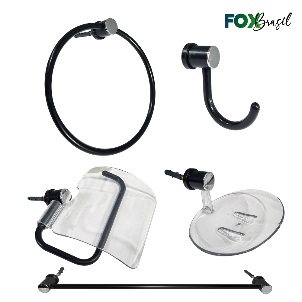 KIT RIO P/BANHEIRO LINHA ECONOMICA PRETO / ACRILICO CRISTAL - C/05 PEÇAS