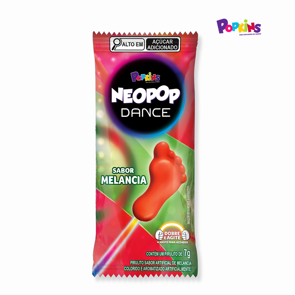 PIRULITO POPKINS DANCE COM HASTE QUE BRILHA NO ESCURO MELANCIA - DISPLAY C/15 UNIDADES